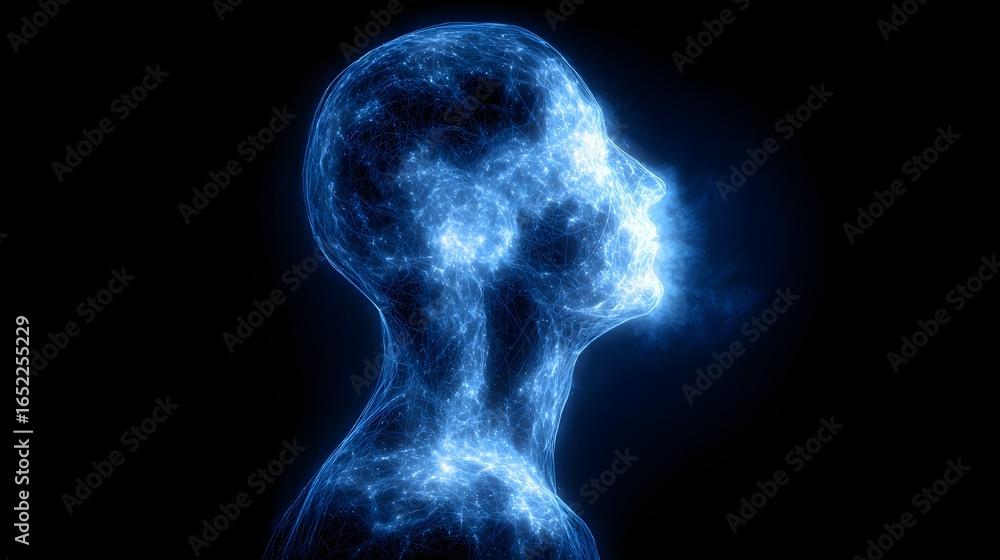 Poster a profile view of a person's head and upper torso depicted as an abstract network of light.