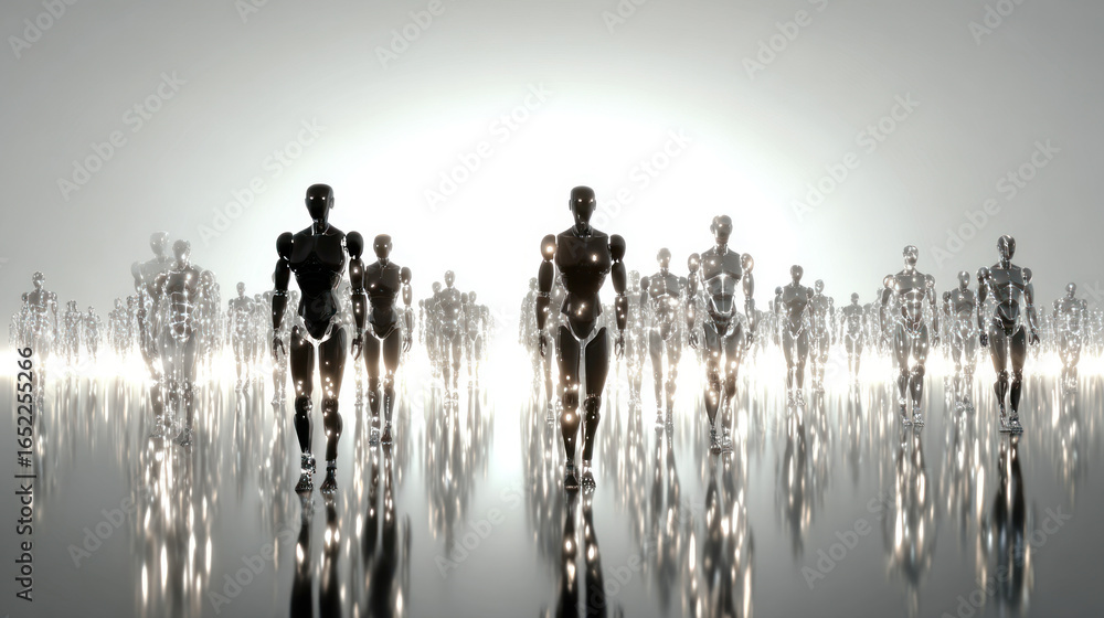 Poster a large number of humanoid robots on a light backlit background. destruction of robots