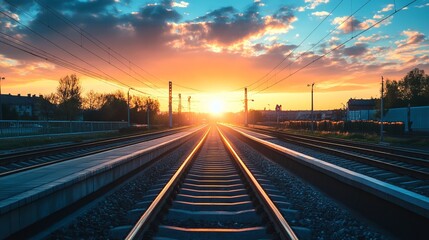 Obraz premium Railroad tracks stretching into a vibrant sunset (1)
