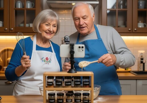 Elderly couple filming cooking vlog together in kitchen with smartphone