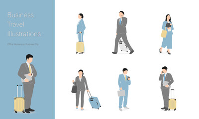 ビジネス出張イラストセット/Business Trip Illustrations – Office Workers in Light Blue & Gray