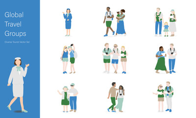 海外旅行者イラストセット/Global Travel Groups Illustrations – Diverse Tourists in Blue & Green