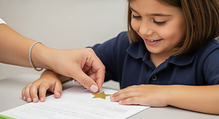 Teacher rewarding young girl with gold star sticker on schoolwork