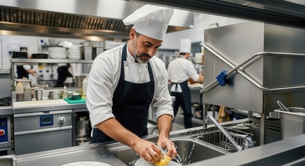 Professional chef washing dishes in restaurant kitchen