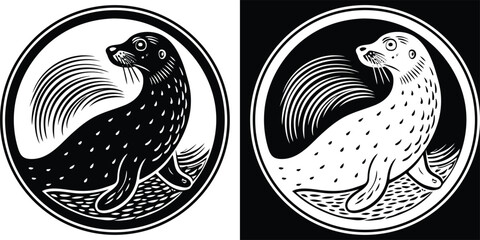 Elegant seal animal illustration in black and white, ideal for logo design and brand identity projects