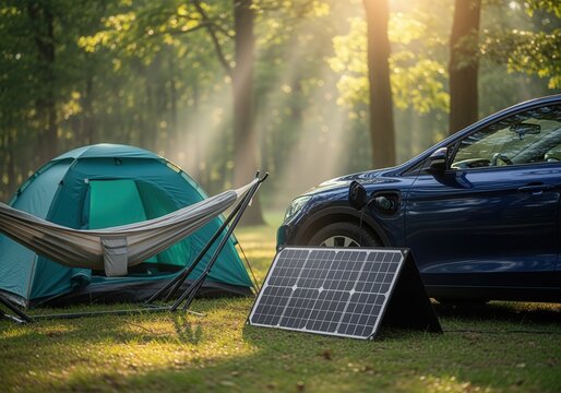 Eco-friendly camping with tent, hammock, EV car, and solar panel in forest
