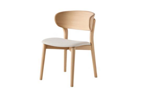 Light wood dining chair with curved back and fabric seat isolated on a transparent background furniture 1