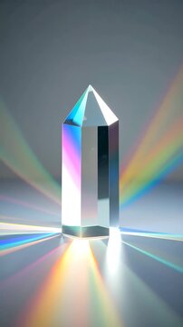 A clean, sharp crystal (e.g., quartz point) centrally placed, with prismatic light refractions creating a spectrum of subtle