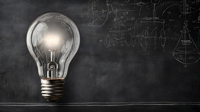 Illuminated lightbulb against a backdrop of scientific formulas.