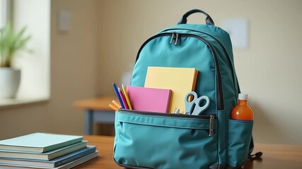 Teal backpack filled with school supplies sits on a desk ready for class - Powered by Adobe