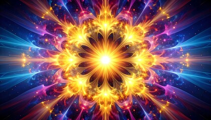 Radiant, symmetrical floral mandala with vibrant colors and light effects