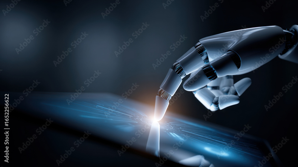 Fototapete a high-tech robot operating a touchscreen interface, illuminated by a soft ambient glow. artificial 