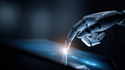 A high-tech robot operating a touchscreen interface, illuminated by a soft ambient glow. Artificial Intelligence, Futuristic Digital Technology, Metaverse of Digital Intelligent World