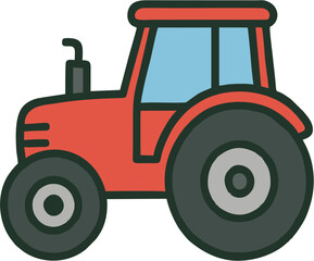 Cartoon vector illustration of a red farm tractor with big wheels and blue window, designed in flat minimal style for agriculture and farming projects