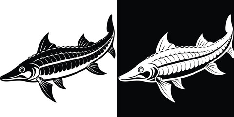 Sturgeon fish in black and white, impactful design for logo, emblem, or distinctive branding projects