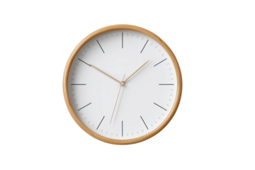 Minimalist wooden framed white analog clock with thin black hour markers isolated on a transparent background