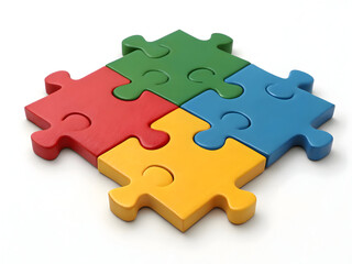 Obraz premium Four Interlocking Puzzle Pieces Red Green Blue Yellow on White Background Teamwork Concept image