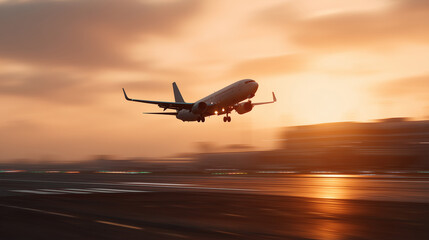 Passenger Airplane Taking Off from Ben Gurion Airport at Sunrise with Motion Blur and Cinematic Warm Lighting