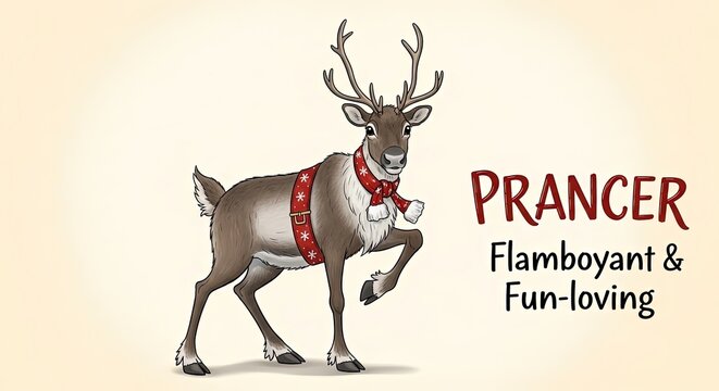 Festive reindeer Prancer with cheerful scarf, perfect for holiday cheer and Christmas promotions