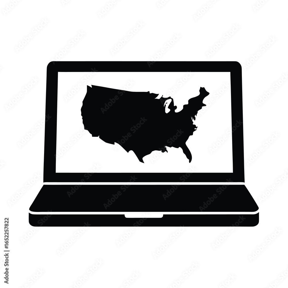Poster vector art of laptop computer displaying a map of the united states screen, isolated