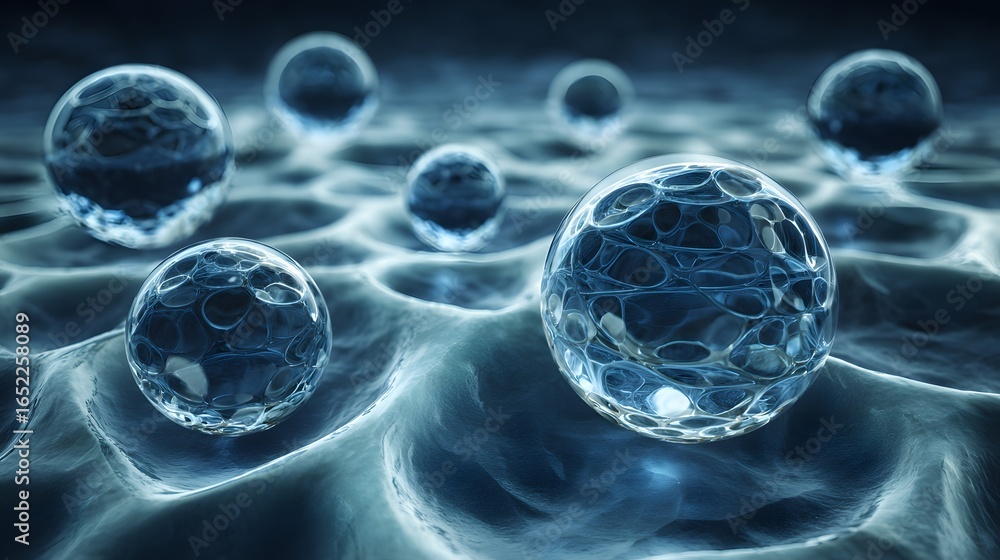 Poster close-up view of translucent spheres on a textured surface.