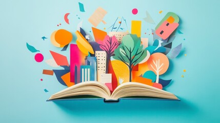 Colorful Paper Cityscape Emerging From Open Book On Blue Background