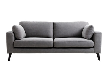 Fototapeta premium Modern grey fabric sofa with two cushions and tapered legs isolated on a transparent background couch