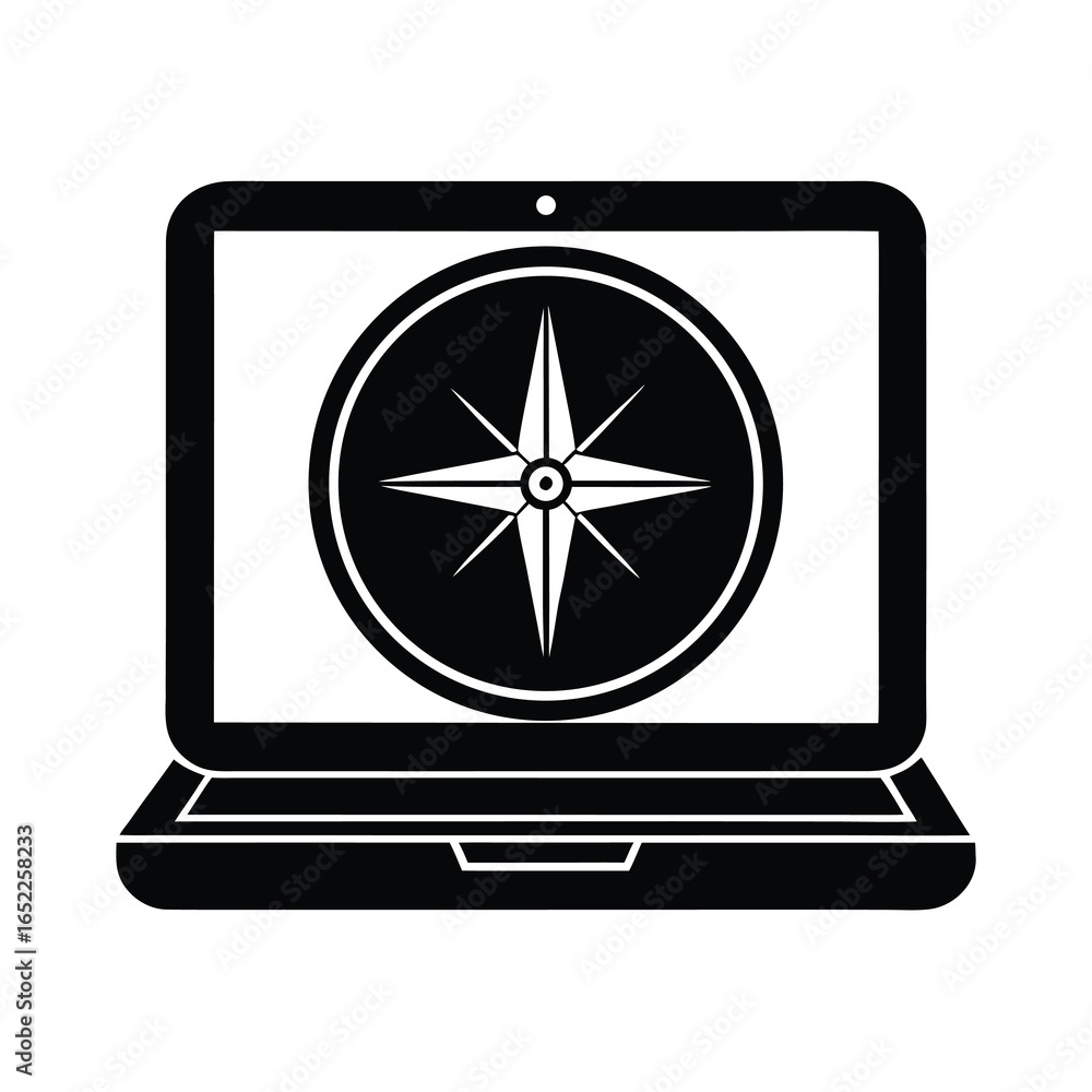 Poster vector art of laptop computer screen displaying a compass rose symbol for navigation and direction, 