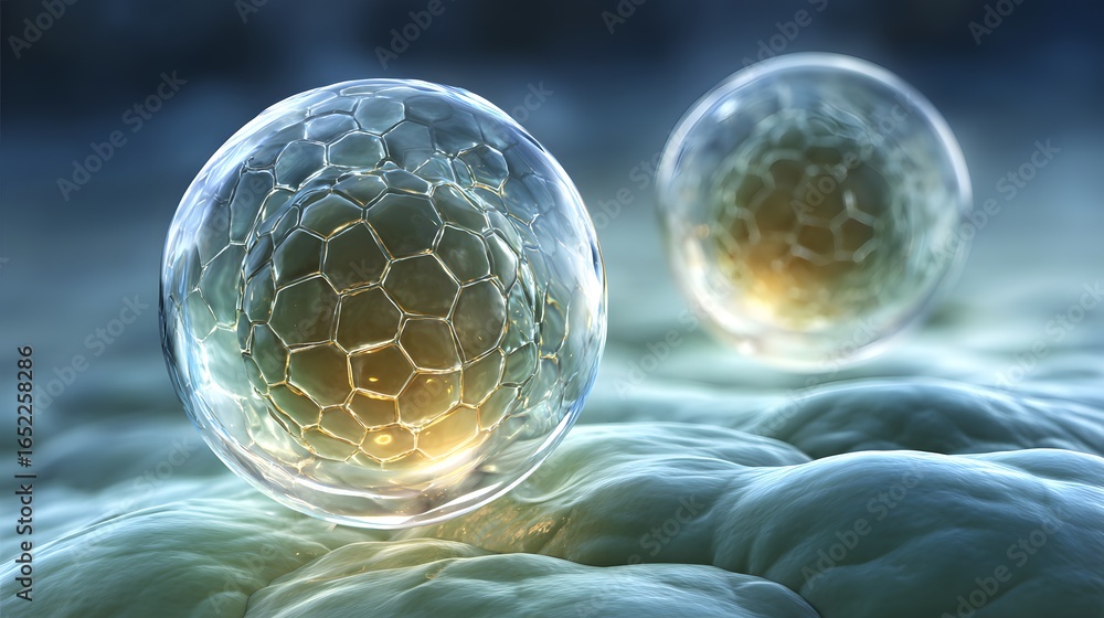 Poster two spheres with intricate, honeycomb-like textures rest on a surface.
