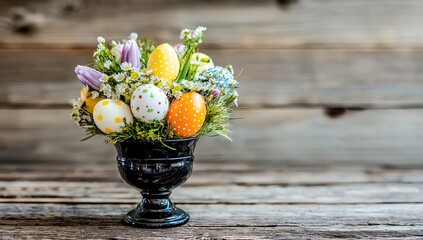Easter arrangement in a black vase. Colorful painted eggs, tulips, and wildflowers create a spring bouquet