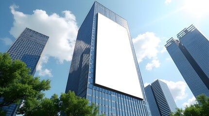 Giant blank vertical billboard mockup on a modern skyscraper reaching high into the sunny city sky