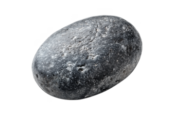 Oval textured dark grey stone with white speckles isolated on a transparent background rock
