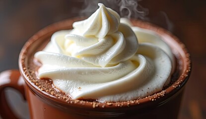 A close up shot of a mug filled with hot chocolate and a generous swirl of whipped cream on top