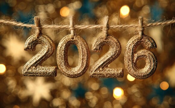 Golden glittery 2026 new year celebration decoration with rope and lights background