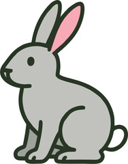 Vector cartoon illustration of a gray rabbit with pink ears, simple flat design perfect for farm, Easter, children’s book, sticker, or education project