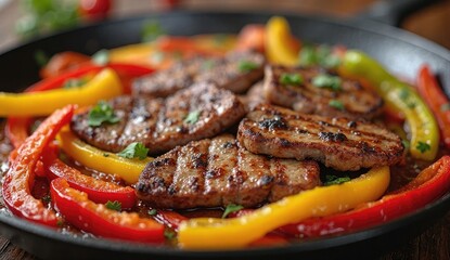 Grilled pork medallions with colorful bell peppers in a cast iron skillet close up view delicious meal
