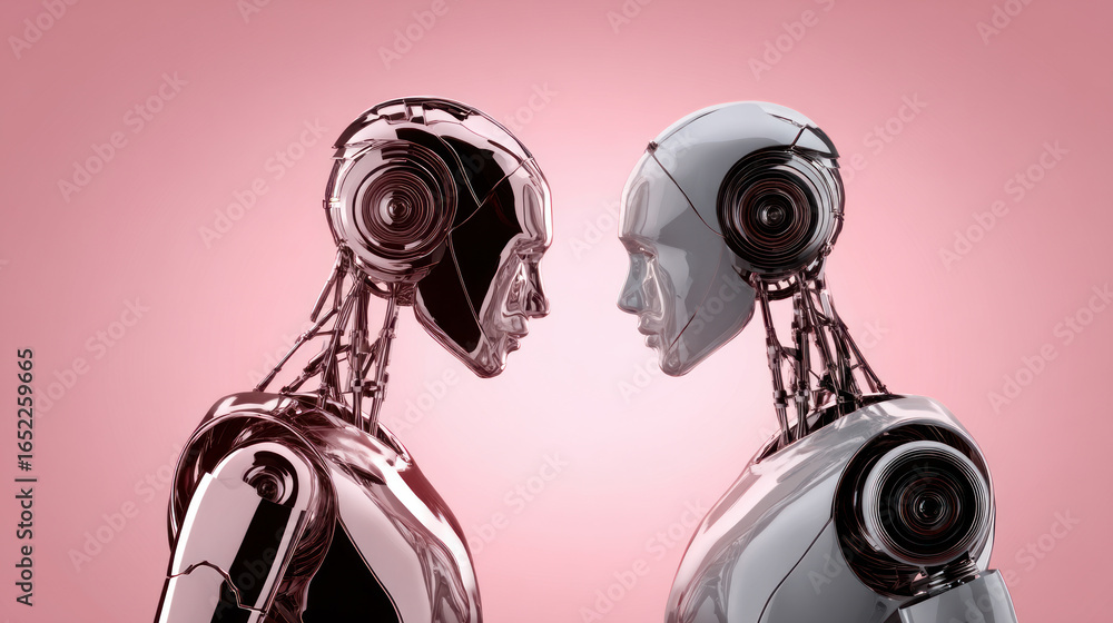 Aufkleber two robotic humanoids, artificial intelligence in retro style on a pink background. artificial intel