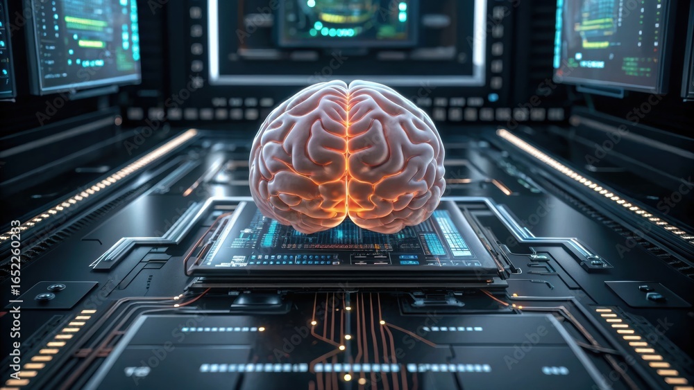 Aufkleber quantum computing + supply chain resilience + mental health research futuristic brain on a circuit b