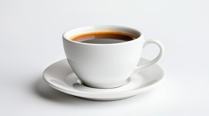Obraz premium A white cup of black coffee on a white saucer on white table