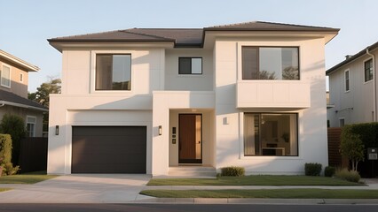 Fototapeta premium Modern Two-Story House Exterior with White Walls and Gray Roof