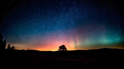 A vibrant aurora borealis display over a silhouetted landscape at night.