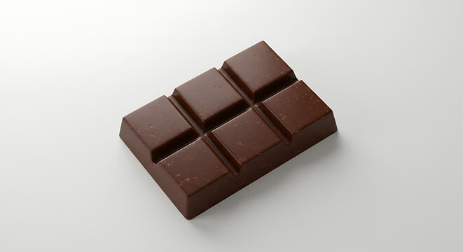 A single, segmented bar of rich dark chocolate presented on a clean white background