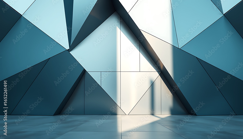 Aufkleber angular metallic wall with geometric shapes and light reflecting on the surface in an empty room