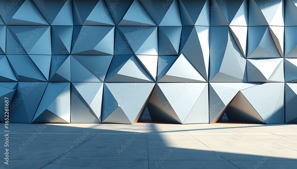 Aufkleber geometric wall with triangular patterns casting shadows on a concrete floor in bright sunlight