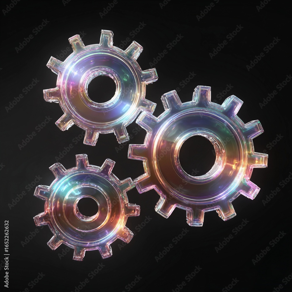 Poster colorful transparent gears arranged in a visually captivating pattern against a black background, sh