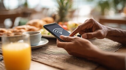 Person using smartphone to connect to Wi-Fi while enjoying breakfast at a cozy restaurant with various dishes and drinks on the table
