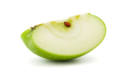 Freshly cut vibrant green apple wedge, highlighting its natural crispness and a visible seed, perfectly isolated on a clean white backdrop for healthy food and diet themes.