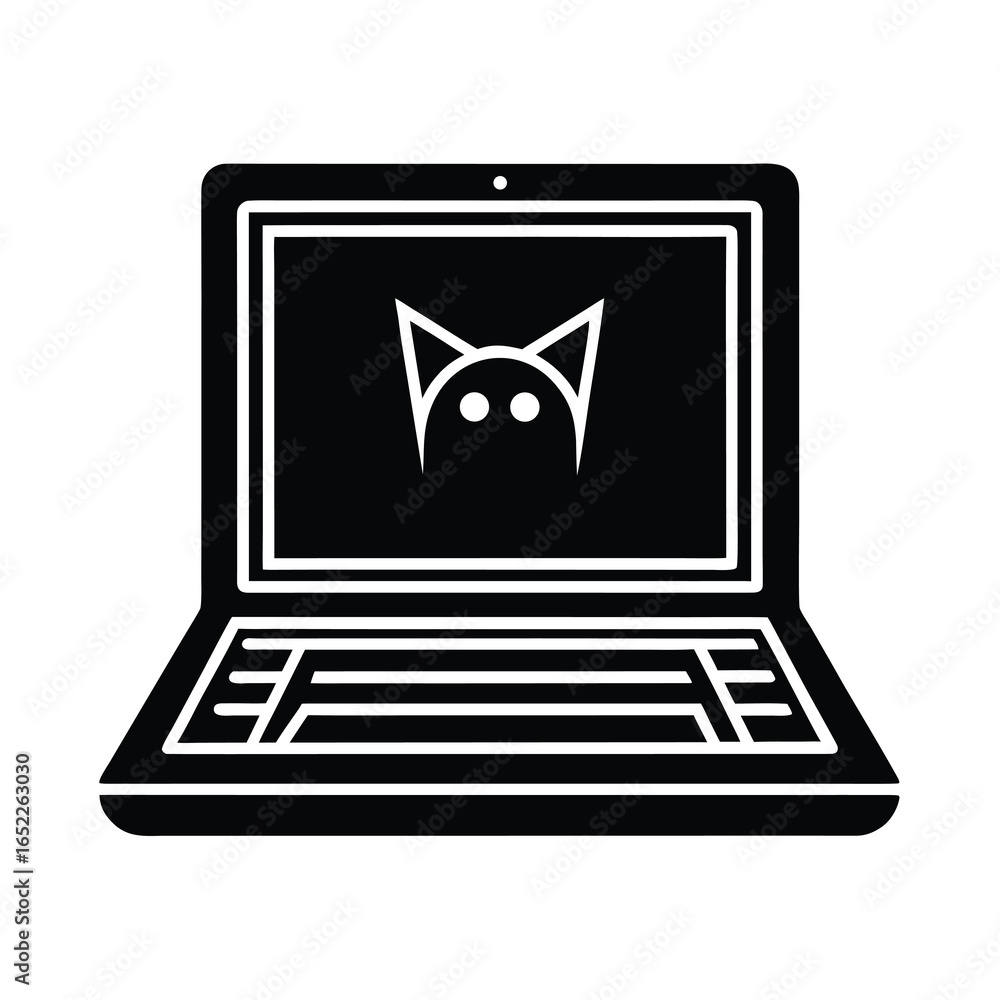 Poster vector art of black and icon of an open laptop displaying a stylized cat face, representing technolo