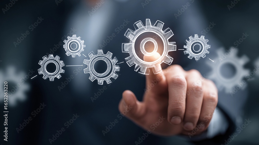 Poster man interacting with digital gears indicating technology and innovation in a modern business environ