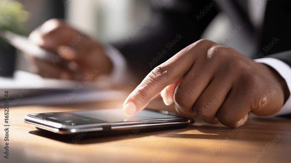 Poster business professional using smartphone for communication and work tasks while seated at a wooden des